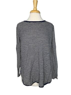 EILEEN FISHER Linen Blend Long Sleeve Top Size Large Womens Blue Tan Stripe